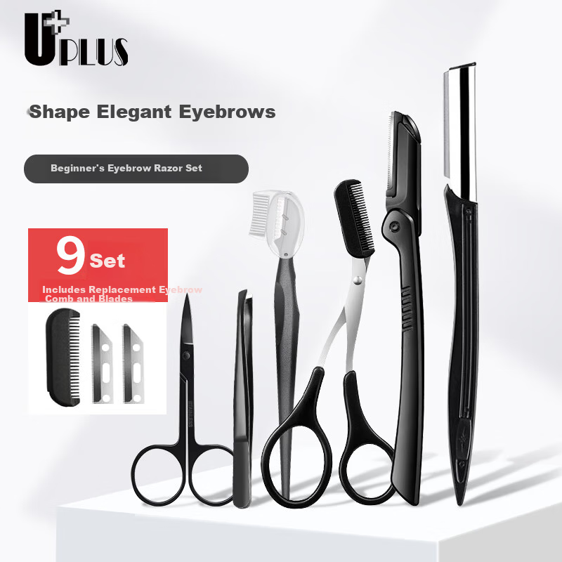 UPLUS 9-Piece Eyebrow Shaping Kit Beginner Eyebrow Razor Set Eyebrow Trimmer Makeup Scissors for Men and Women