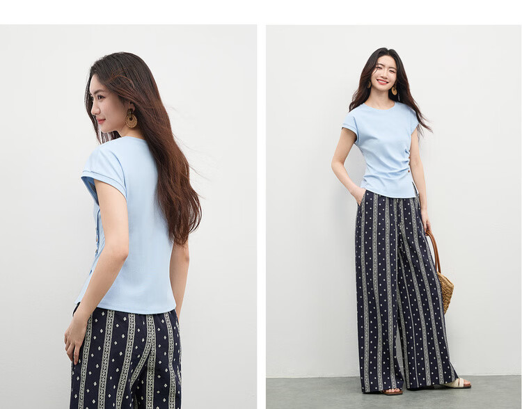 Shangdubila Cotton Blend Crew Neck Youthful T-Shirt for Women Spring Summer Side Slit Slim Fit Knitted Top Color-Block Button Pleated Women's Wear 14