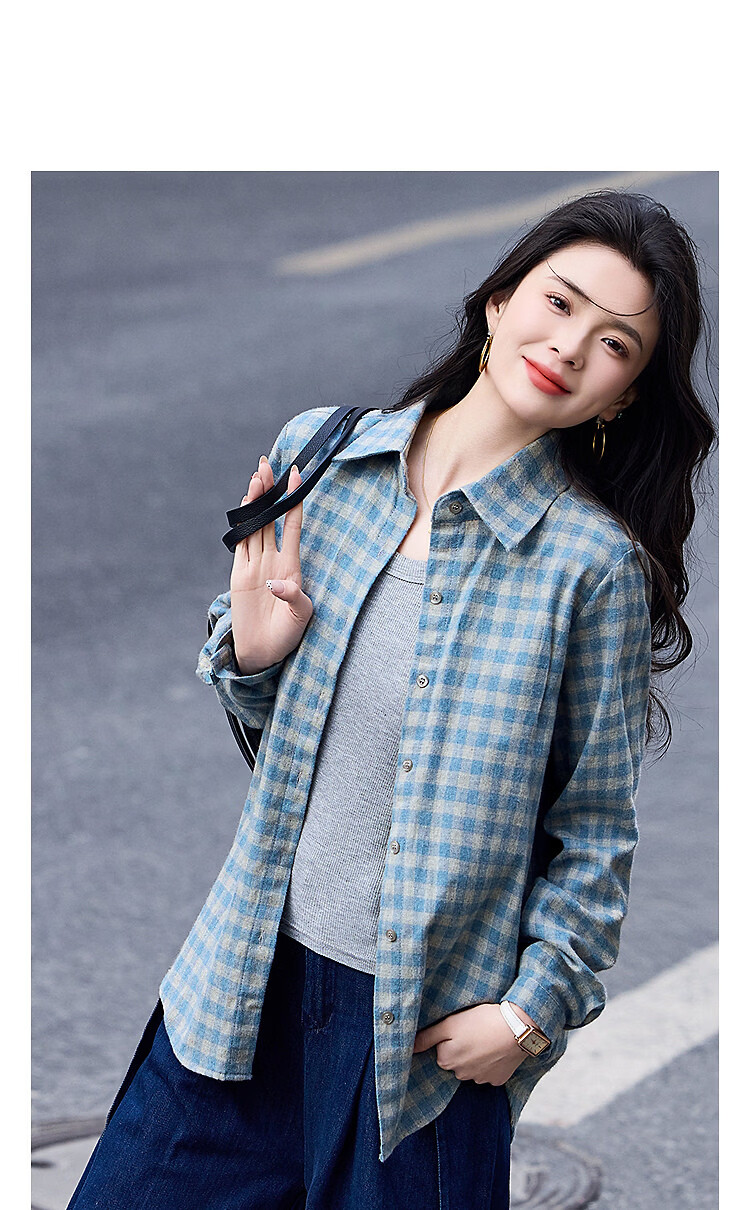 Demana Pure Cotton Brushed Vintage Plaid Lapel Thick Loose Slim Fit Petite Shirt for Women Spring 10