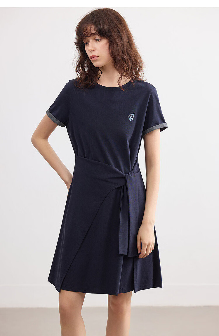Demana [Cool Sorona] Summer Korean Style Round Neck Embroidered Patchwork Colorblock Short Sleeve Waist Cinched Short Dress for Women 19