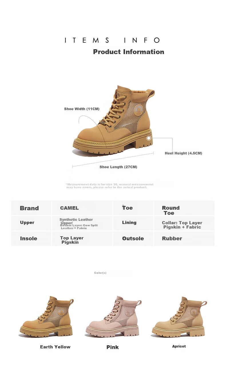 CAMEL Hill Classic Yellow Suede Martin Boots Outdoor Work Boots L23W076065 Pink Size 37 24
