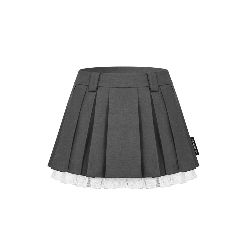 ANN ANDELMAN Lace Splice Blazer Fabric Double-Layer Pleated Skirt Black Elegant Versatile Skirt Gray M