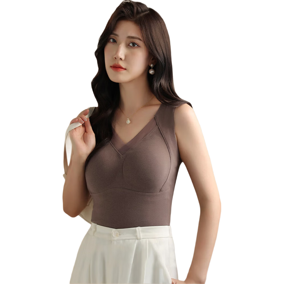 FitonTon Women's Thermal Vest with Built-In Chest Pads, V-Neck Fleece-Lined Autumn And Winter Lace Inner Layer Seamless Base Layer Underwear