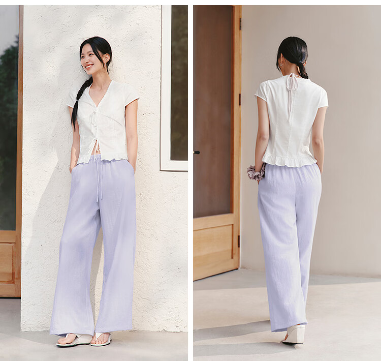 Semir Women's Casual Summer Solid Texture Ruffled Wide-Leg Loose Draped Pants 2026 Wide-Leg Trousers 109326127015B 37