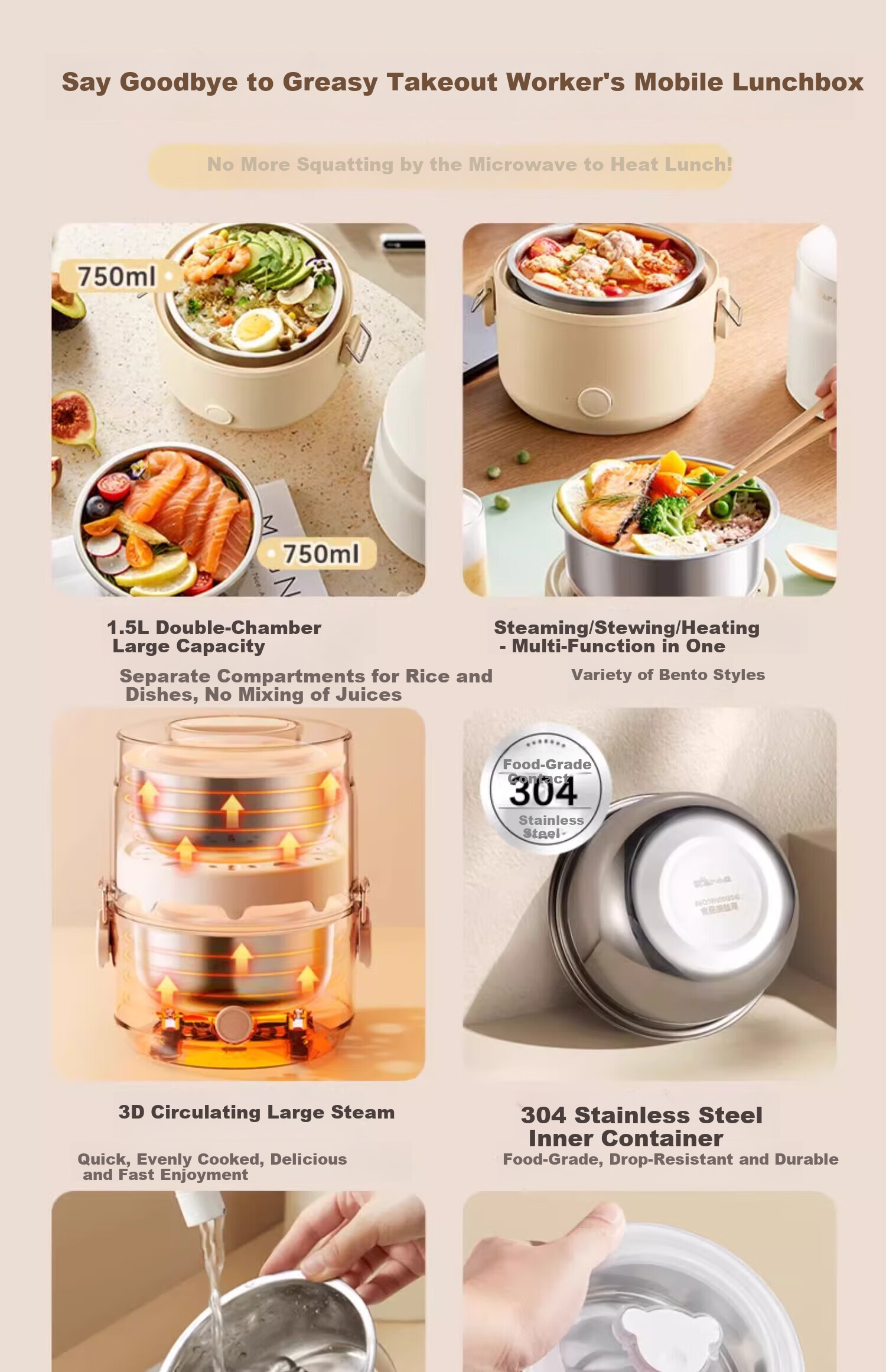Bear Electric Lunch Box Portable Heated Lunch Box Insulated Double-Layer Stainless Steel Inner Container Sealed Fresh-Keeping Multifunctional 2L for Office Workers 2