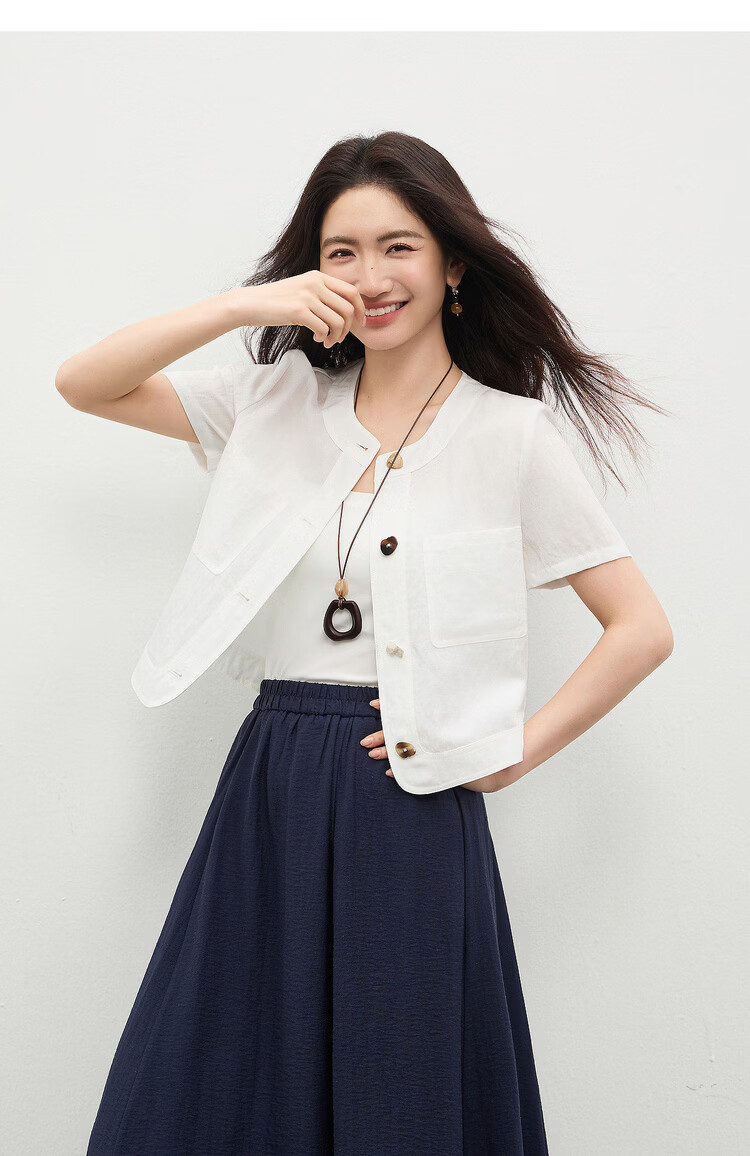 Shangdu Bila Linen Lyocell Jacket Women Spring Summer Petite Round Neck Colorblock Button Short Coat Light Luxury Elegant Cardigan 14