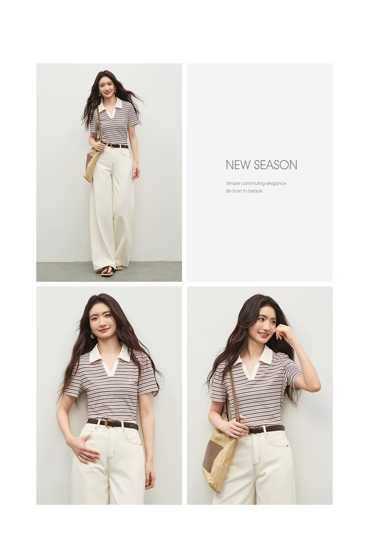 Shangdu Bila Korean Style Simple Cotton Blend T-Shirt Women Summer Polo Collar Color-Block Embroidered Casual Top Stretch Striped Short Sleeve Inner Wear 17
