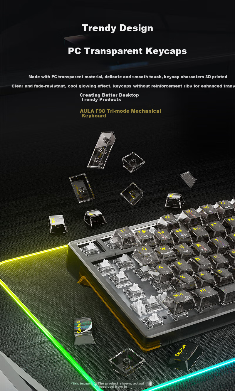 AULA F98ProV3 Custom Transparent Mechanical Keyboard 95-Key Hot-Swappable RGB Tri-Mode Wireless Wired Bluetooth Gasket Structure Gaming Pink Transparent Ice Spirit Switch 9