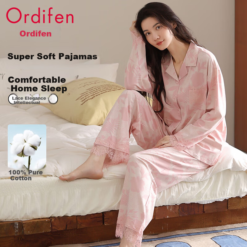 Ordifen Women's 100% Cotton Autumn Winter Long Sleeve Lapel Cardigan Pajamas Pink L