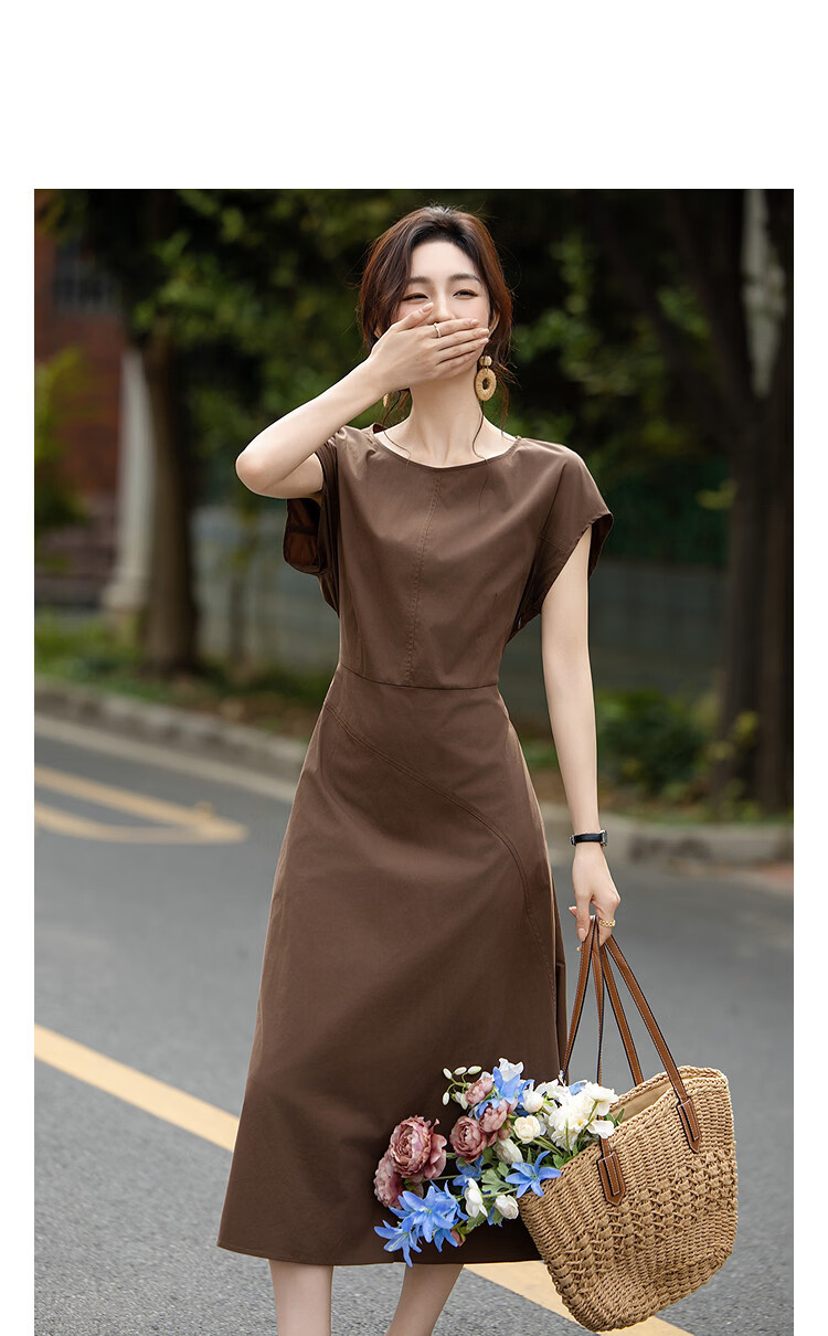 Demana Minimalist Urban Summer Comfortable Cotton-Blend Stretch Round Neck Waist-Slimming Petite Dress for Women High-End Feel 6