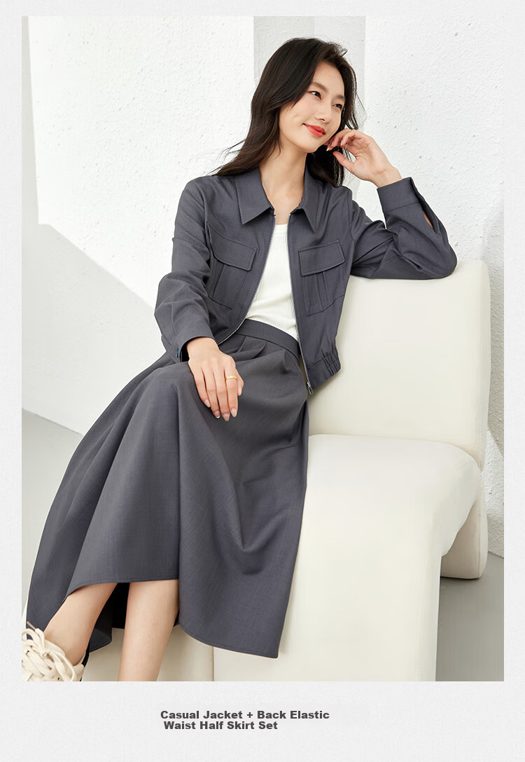Vimly Women's Stylish Two-Piece Dress Set Spring New Elegant High-Quality Top Gray M 2
