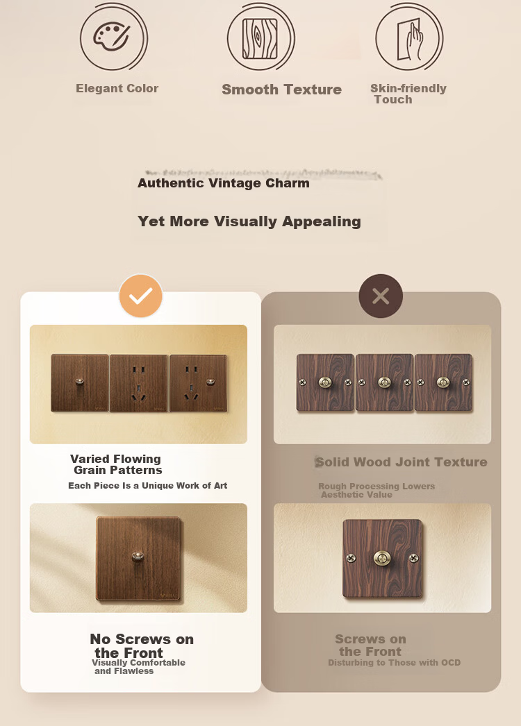BULL Vintage Switch Socket Acrylic Ultra-thin Panel Five-hole 10A+16A G70Z227 Walnut Color 5