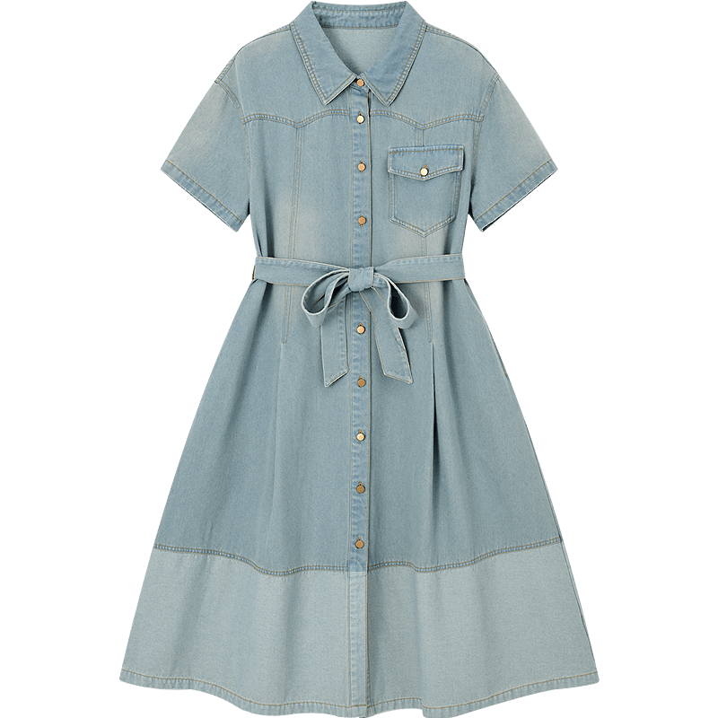 Demana Cloud Cotton Summer Urban Commuter Lapel Waist-Cinched Pocket Spliced Slim Denim Dress for Women Premium Quality
