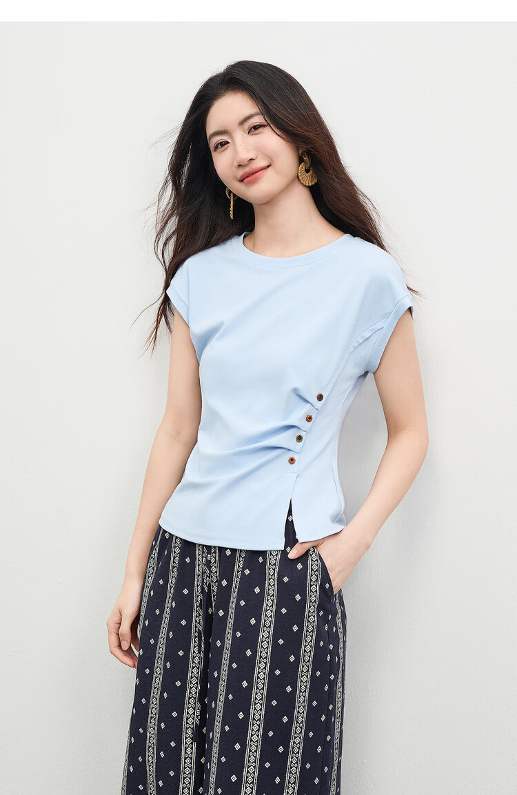 Shangdubila Cotton Blend Crew Neck Youthful T-Shirt for Women Spring Summer Side Slit Slim Fit Knitted Top Color-Block Button Pleated Women's Wear 15