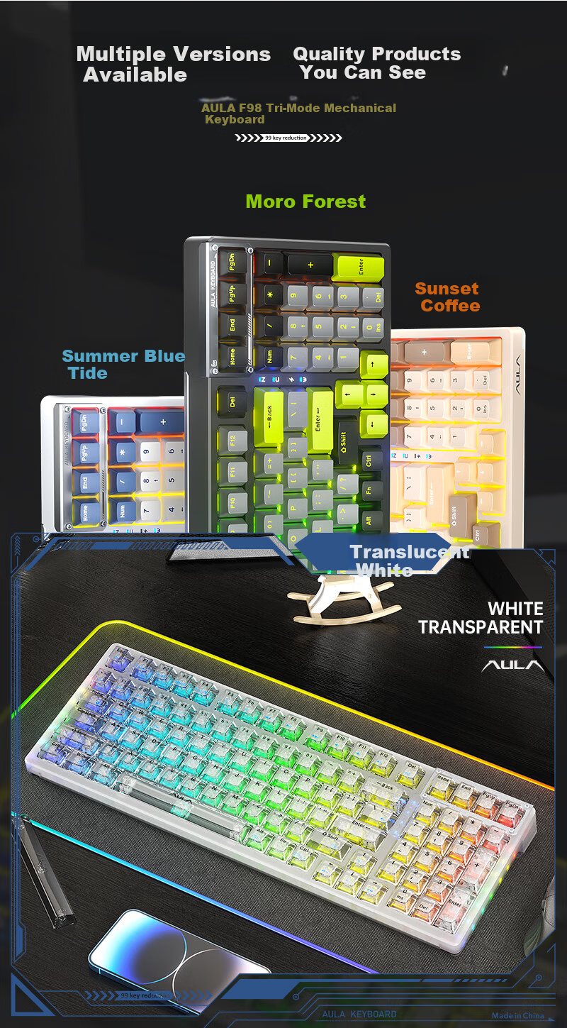 AULA F98ProV3 Custom Transparent Mechanical Keyboard 95-Key Hot-Swappable RGB Tri-Mode Wireless Wired Bluetooth Gasket Structure Gaming Pink Transparent Ice Spirit Switch 3