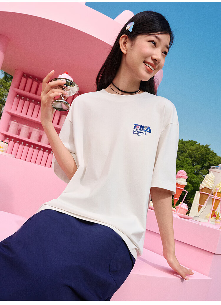 FILA Official Couple's Knitted Short Sleeve Shirt 2026 Summer Fashion Casual Unisex Loose Cat Embroidery T-Shirt 51