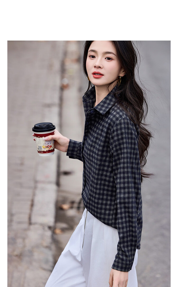 Demana Vintage Style Spring 3D Collar Plaid Loose Slimming Concealing Petite Shirt for Women High-End Feel 14