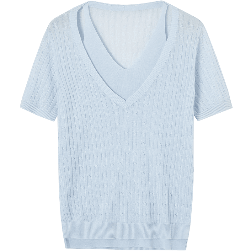 Demana [100 Lyocell] Summer Halter Neck Two-Piece V-Neck Cable Knit Slim Fit Short Sleeve Sweater for Women Premium Quality
