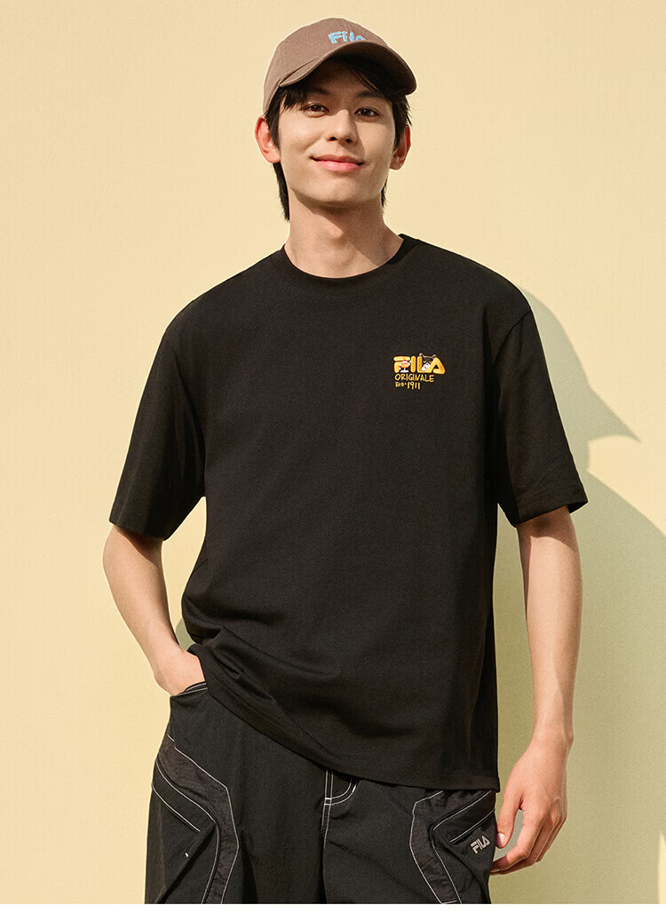 FILA Official Couple's Knitted Short Sleeve Shirt 2026 Summer Fashion Casual Unisex Loose Cat Embroidery T-Shirt 26