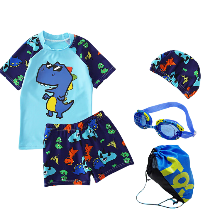 9i9 Kids Swimwear Boys Cartoon Dinosaur Sun Protection Three-Piece Set with Hooded Swim Shorts B137 Blue 2XL