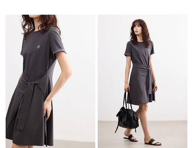Demana [Cool Sorona] Summer Korean Style Round Neck Embroidered Patchwork Colorblock Short Sleeve Waist Cinched Short Dress for Women 7