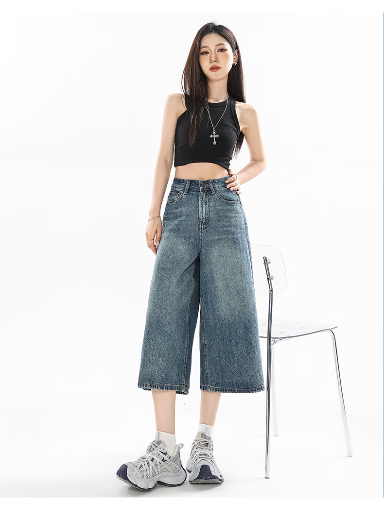 Jeanswest Women's Summer 2026 High-Waist Loose Fit Retro Blue Wide-Leg Cropped Denim Shorts S 15