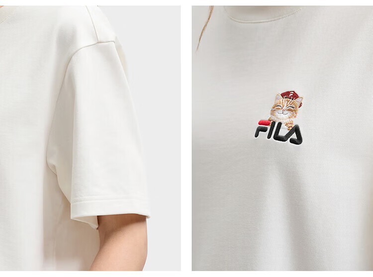 FILA Official 2026 Summer Couple Short Sleeve T-Shirt Casual Loose Fit Cotton Cat Knit Tee 92