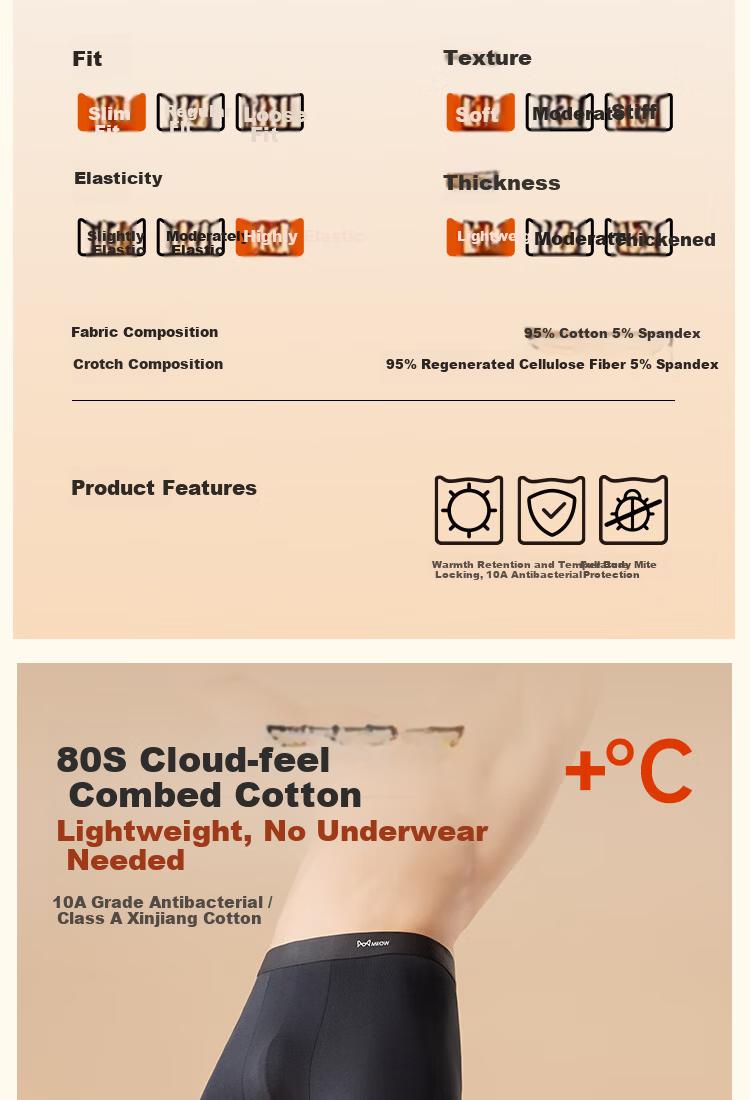 MiiOW Men's Thermal Underwear Autumn Pants A-Class Pure Cotton Warm Pants Men's Underpants-Free Base Layer Long Johns Single Pants 2