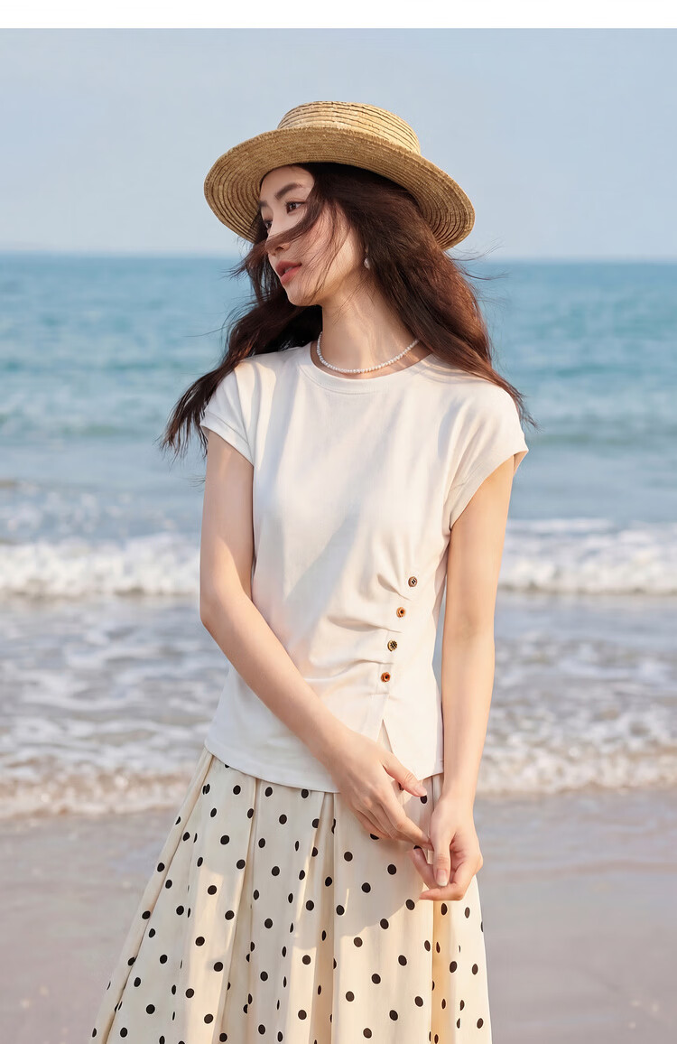 Shangdubila Cotton Blend Crew Neck Youthful T-Shirt for Women Spring Summer Side Slit Slim Fit Knitted Top Color-Block Button Pleated Women's Wear 18