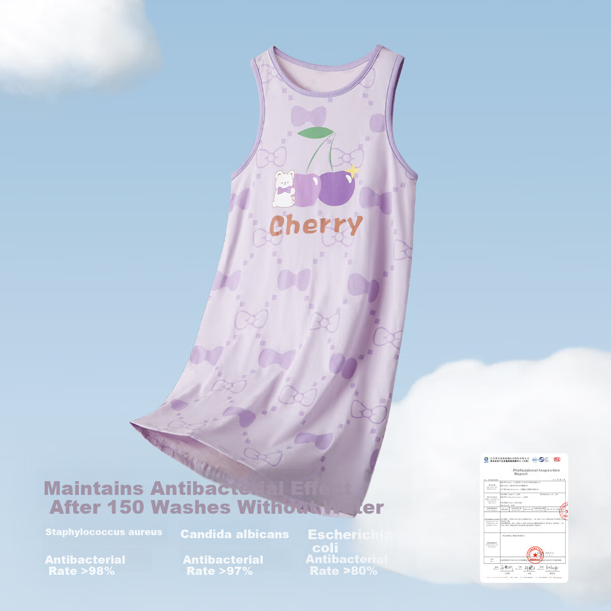 DEESHA 7A Antibacterial Soft Cotton Girls Lightweight Breathable Nightdress Spring Summer Home Dress Light Purple Cherry Bear