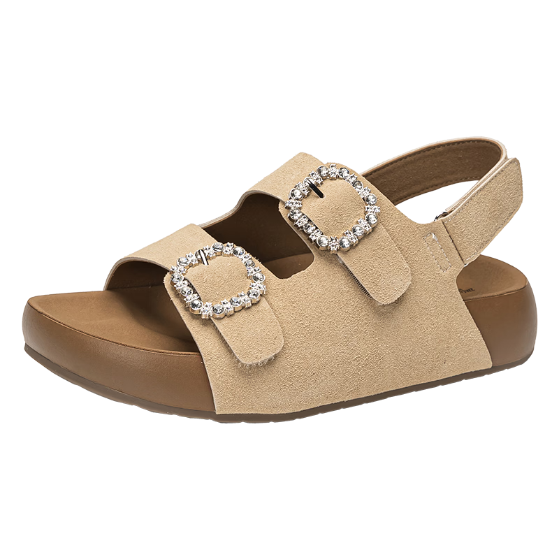 Warrior Birkenstock Women's Summer Sandals Outdoor Beach Shoes Square Buckle Rhinestone Casual Thick Sole Slippers Beige Size 38