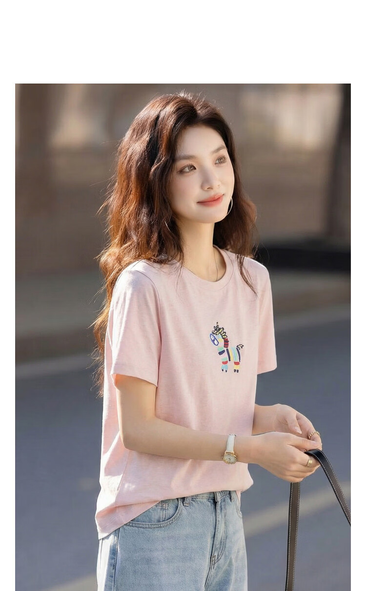Demana [with Lyocell Cotton] Summer Fresh Sweet Little Horse Embroidery Round Neck Short Sleeve Slim Fit Designer Women's T-Shirt 11