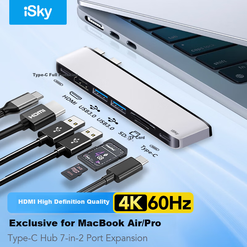 Isky Type-C Docking Station Compatible with Apple MacBook Air & Pro Card Slot Plug-in Converter HDMI 4K60Hz Projection USB 3.0 Transmission Expansion Dock