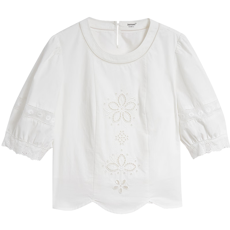 INMAN 100% Xinjiang Cotton Hollow Splicing Puff Sleeve Shirt Summer 2026 New Pullover White L