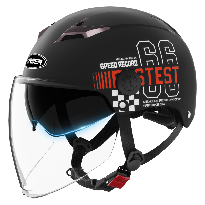 FOREVER 3C Certified Helmet, Electric Scooter Summer Unisex Motorcycle Riding Sun Protection Half Helmet, All-Season Universal Safety Helmet, 013 Racing Track Matte Black [Transparent Long Visor + Sun Protection Inner Visor]