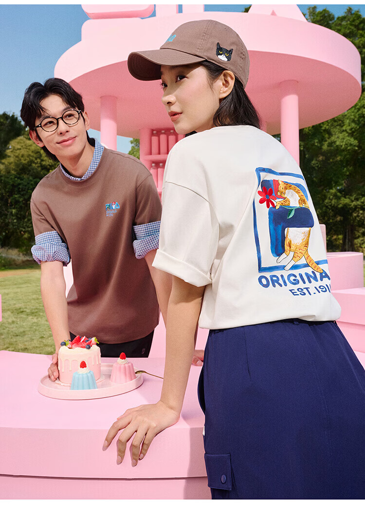 FILA Official Couple's Knitted Short Sleeve Shirt 2026 Summer Fashion Casual Unisex Loose Cat Embroidery T-Shirt 25