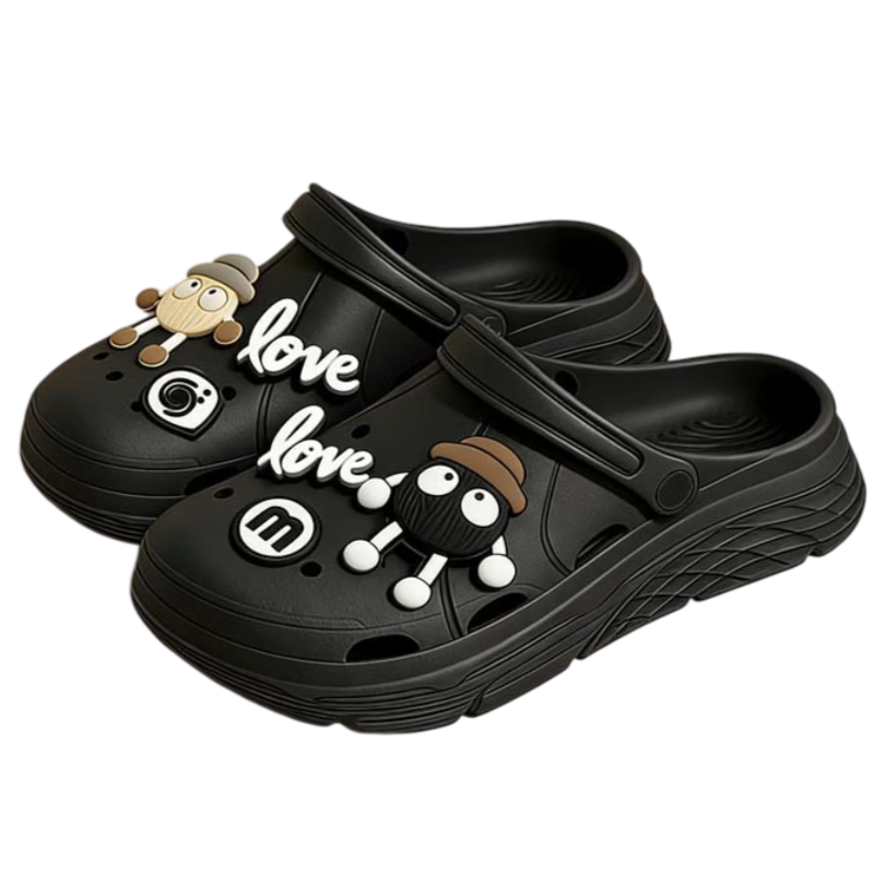 CXOCSI Women's Thick-Soled Ventilated Slip-On Summer Beach Cartoon Sandals Non-Slip Black Size 36-37