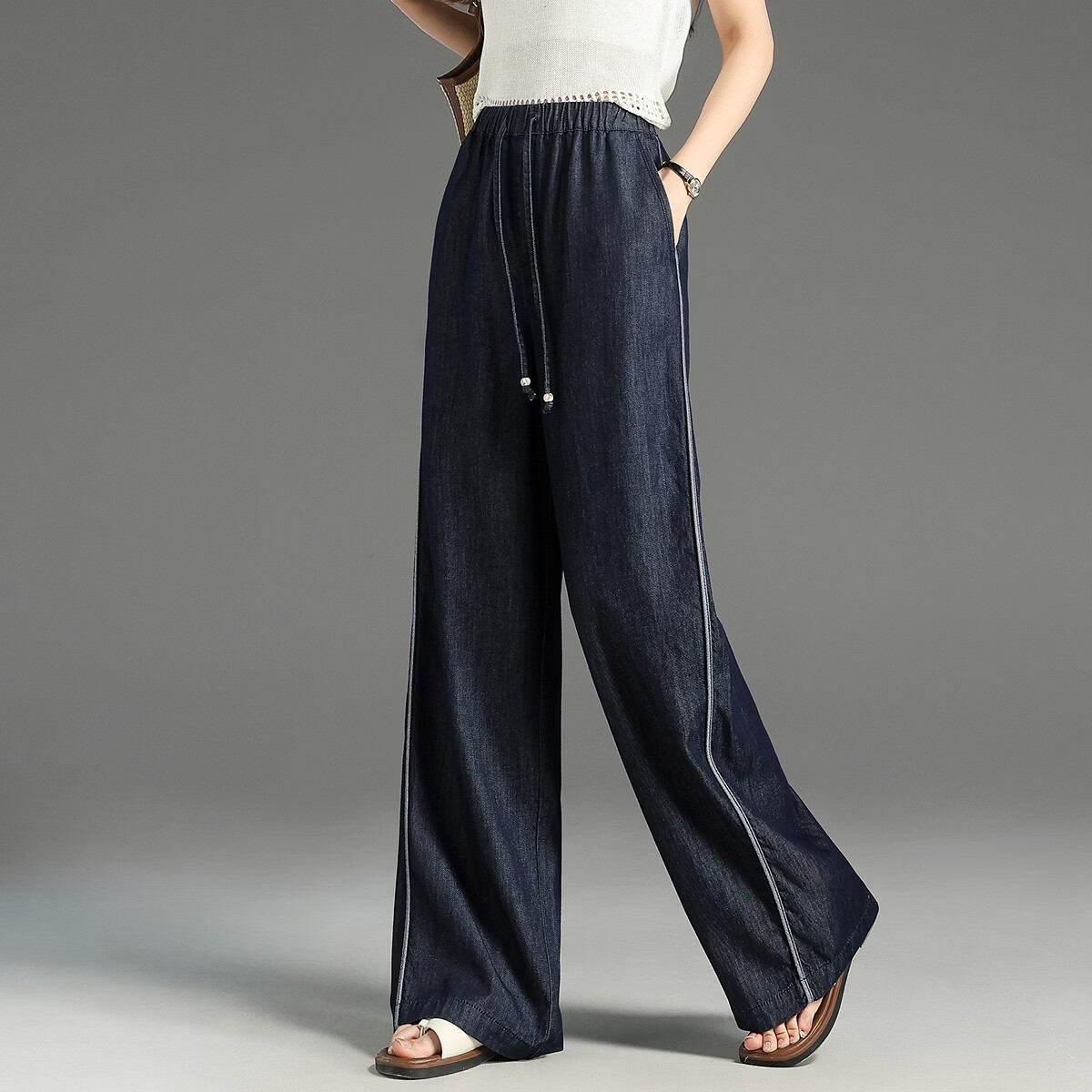 Demana [Lyocell Cotton Blend] Summer Drawstring Elastic Waist Color-Blocked Side Seam Piped Straight Wide-Leg Women's Jeans