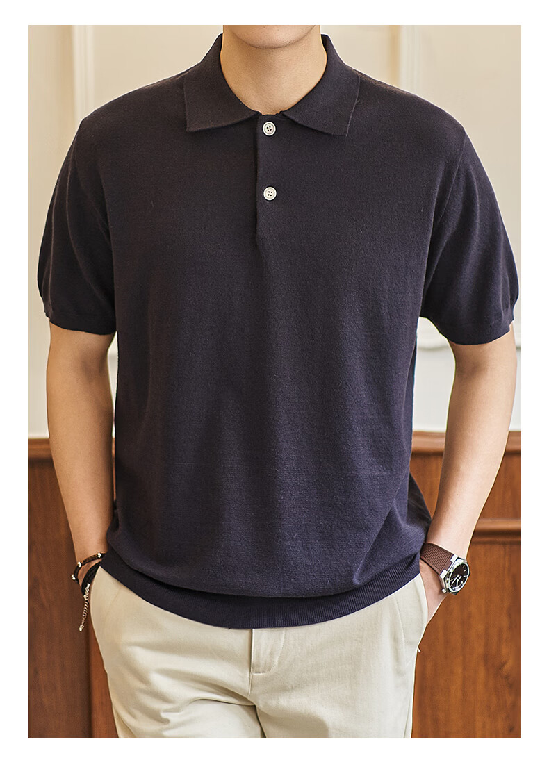 Dingfengbaoluo Vintage Old Coin Style Short Sleeve Men's Summer Luxury Business Polo Knit Casual Shirt KK65 Black 2XL 3