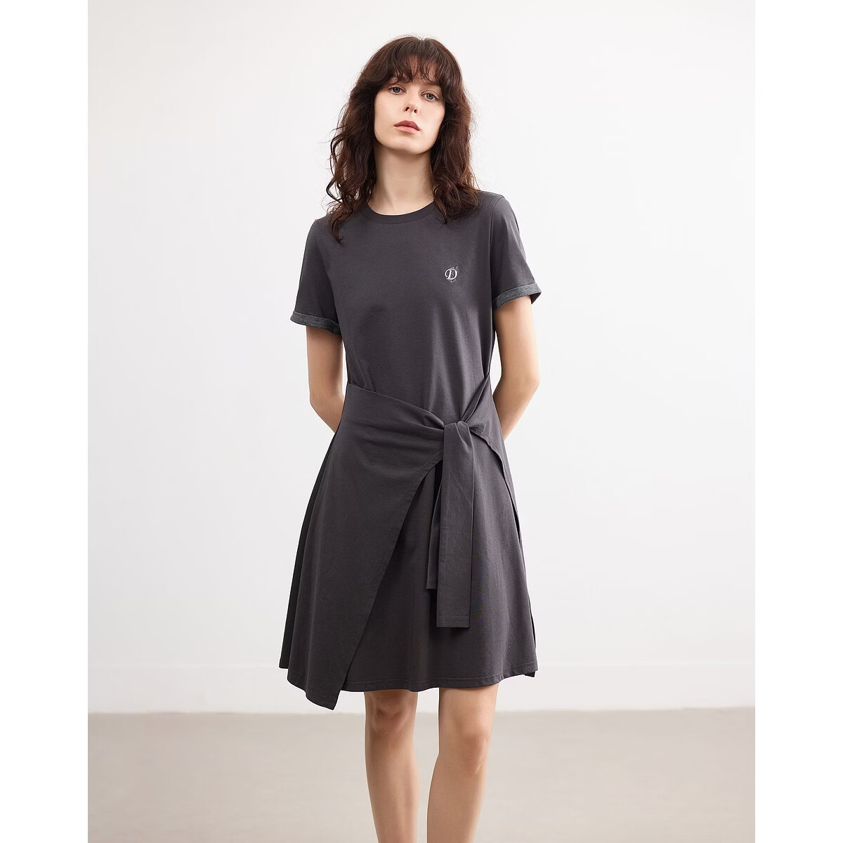 Demana [Cool Sorona] Summer Korean Style Round Neck Embroidered Patchwork Colorblock Short Sleeve Waist Cinched Short Dress for Women