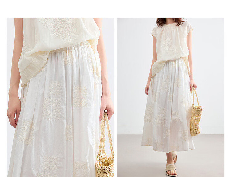 Demana Pure Cotton Poetry Summer Vintage Color-Block Embroidered Elastic Waist Slimming Mid-Length Skirt for Women 5
