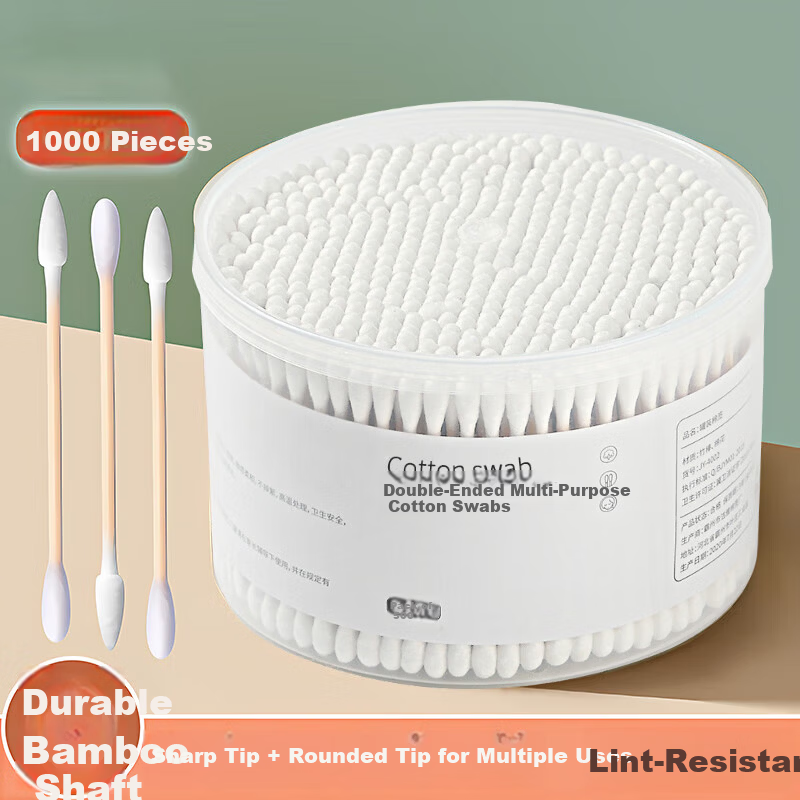 Jiebi Cotton Swabs Boxed 500 Double-Ended 1000 Tips Disposable Pointed and Rounded Head Multipurpose Cotton Buds for Cleaning Makeup and Ear Care