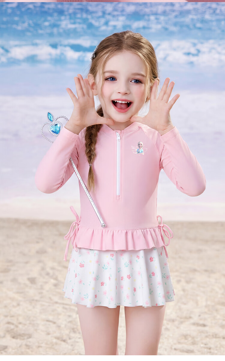 Disney Girls' One-Piece Skirted Long-Sleeve Sunscreen Swimsuit D36101S2F Pink Elsa Size 130 5
