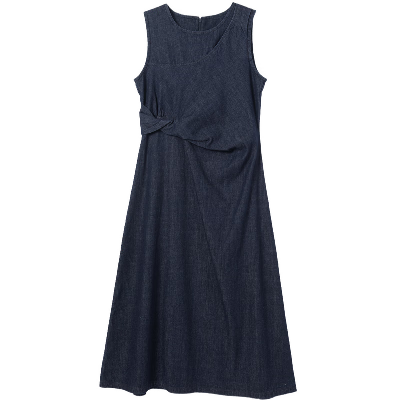 Demana [Denim Filter] Summer Vintage Round Neck Sleeveless Pleated Waist Slimming Mid-Length Denim Dress for Women