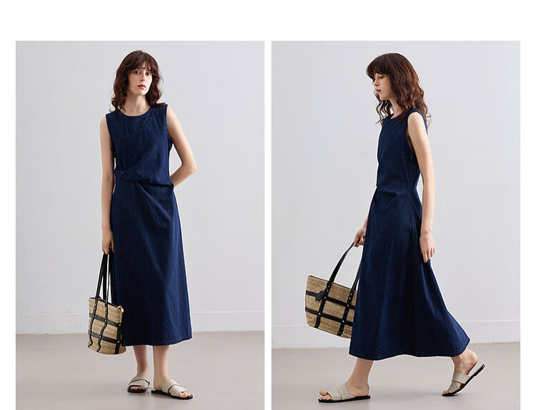 Demana [Denim Filter] Summer Vintage Round Neck Sleeveless Pleated Waist Slimming Mid-Length Denim Dress for Women 10