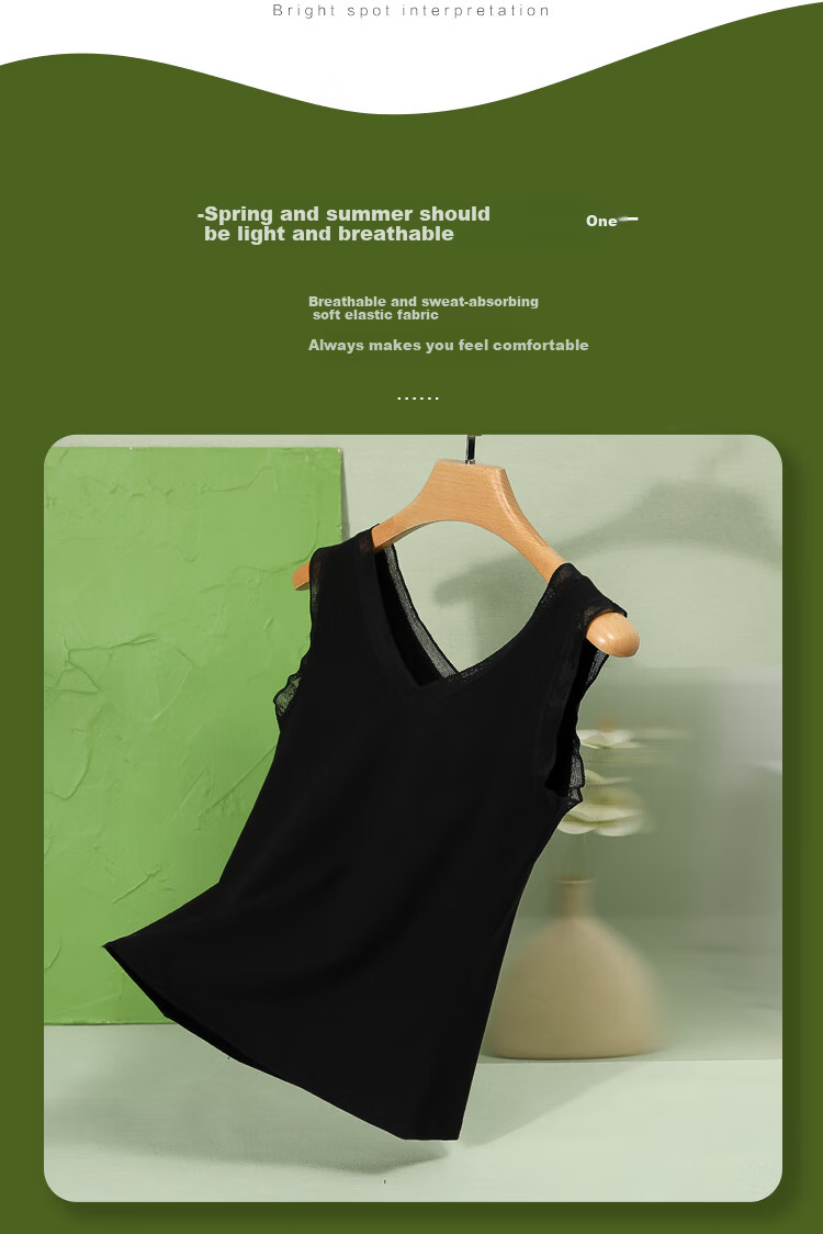 Hodo Women's Cotton-Spandex Stretch Breathable Lace Trim V-Neck Simple Tank Top Summer New Arrival 3