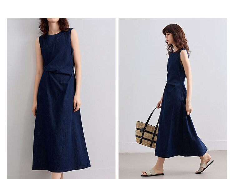 Demana [Denim Filter] Summer Vintage Round Neck Sleeveless Pleated Waist Slimming Mid-Length Denim Dress for Women 7