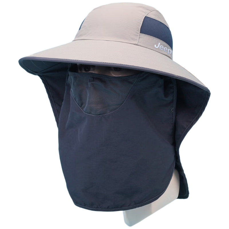JEEP Men's Summer Outdoor Sunshade Hat with Face Cover, Neck Protection, Mountaineering Hat, Large Brim Sun Hat, Khaki