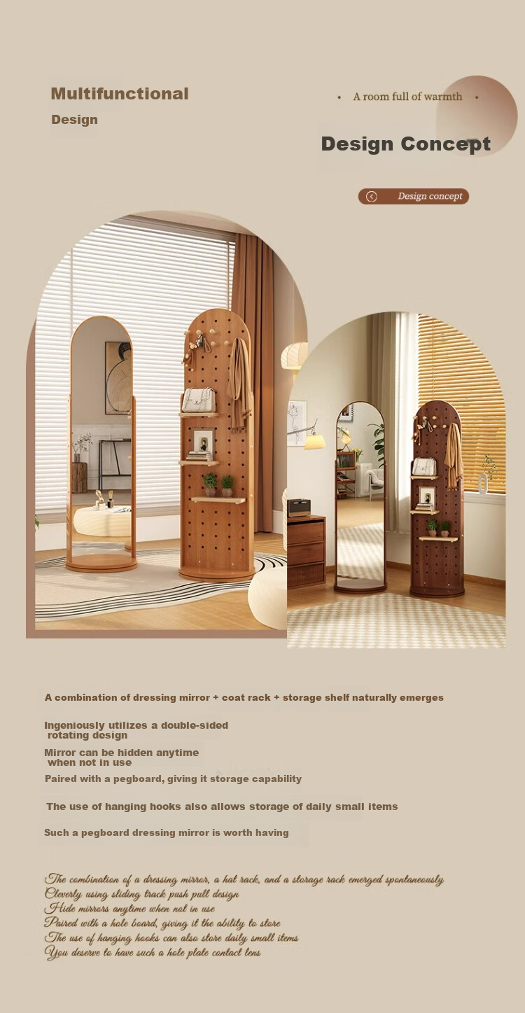 Millennium Mansion Pegboard Rotating Full-Length Dressing Mirror with Integrated Clothes Hanger and Storage Rack Floor-Standing Fitting Mirror 170*40 White 2