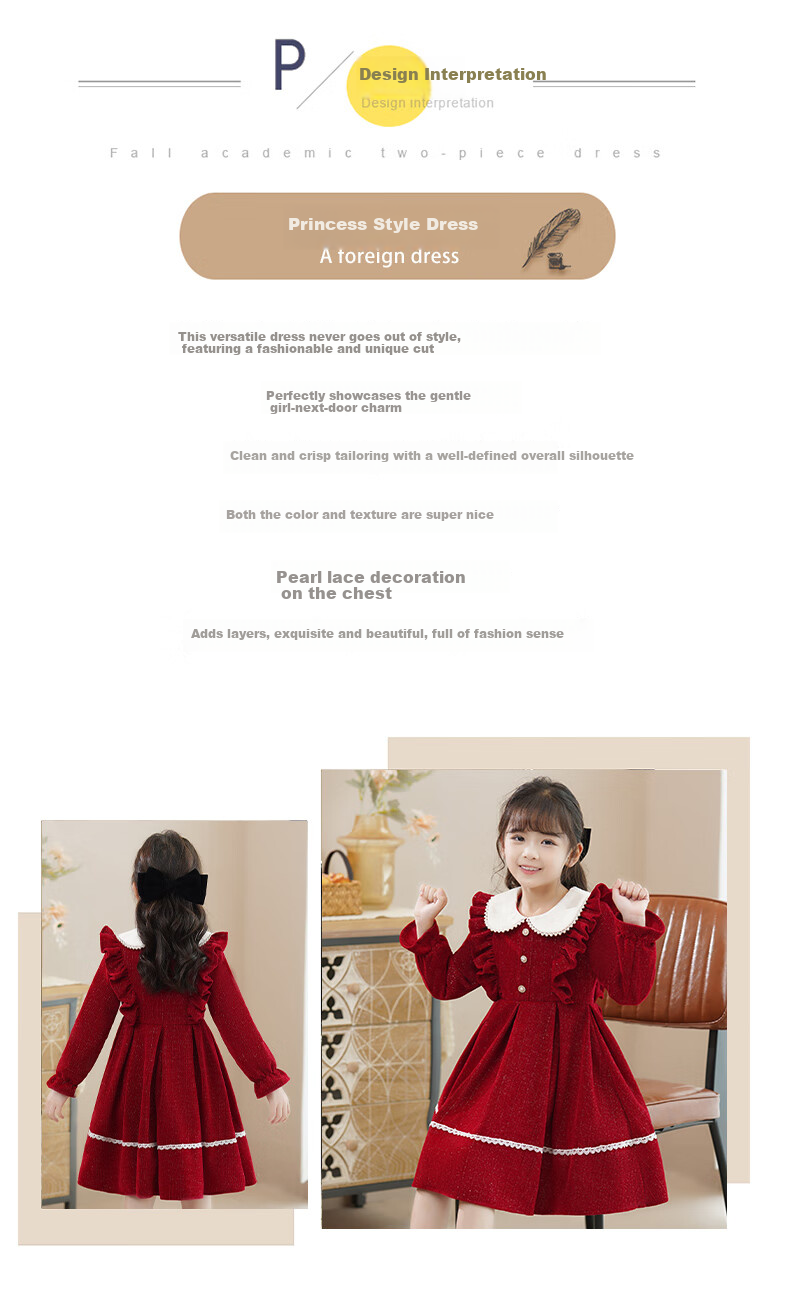PEPCO Girls' Winter Red Dress Fleece-Lined Children's Winter Dress Princess Dress Red Size 100 2